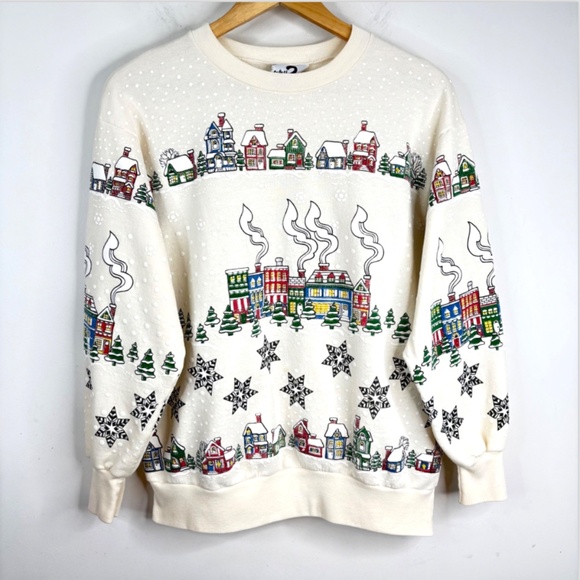 VTG 90s AOP Christmas Crewneck Sweatshirt L Granny Puff Paint Small Town Holiday - Picture 9 of 9